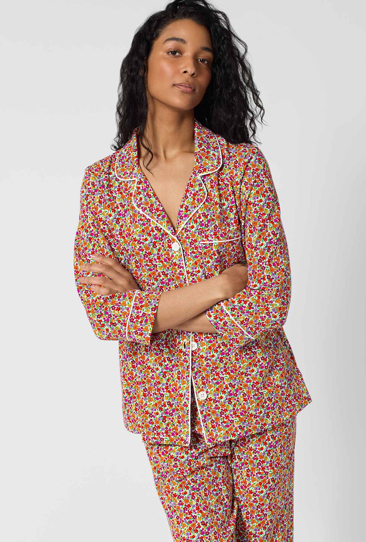 A lady wearing Ditsy Harvest 3/4 Sleeve Classic Stretch Jersey Cropped Pj Set closer look