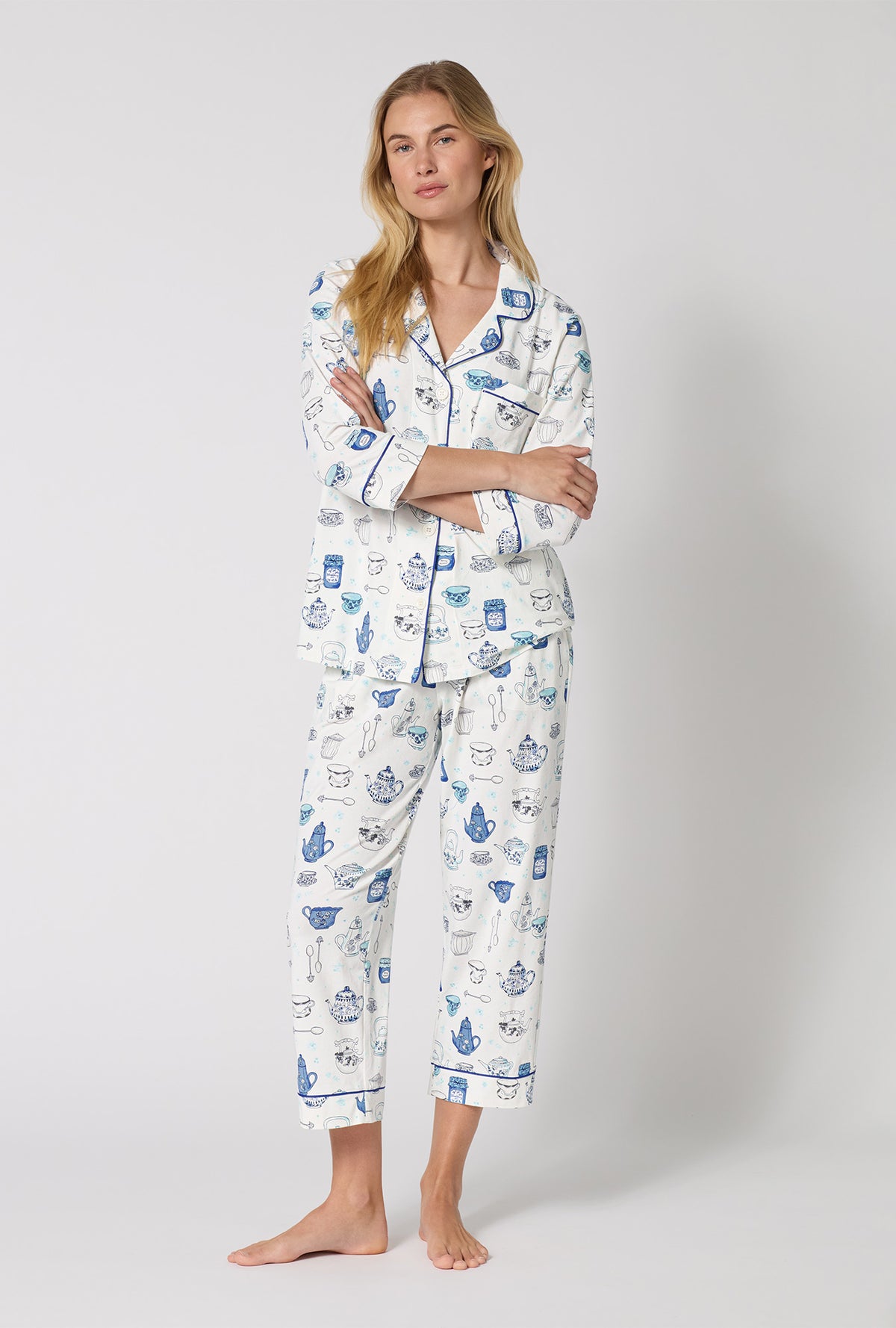 A lady wearing Lady Grey 3/4 Sleeve Classic Stretch Jersey Cropped Pj Set looking front