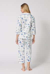 A lady wearing Lady Grey 3/4 Sleeve Classic Stretch Jersey Cropped Pj Set back view