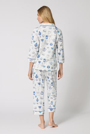 A lady wearing Lady Grey 3/4 Sleeve Classic Stretch Jersey Cropped Pj Set back view