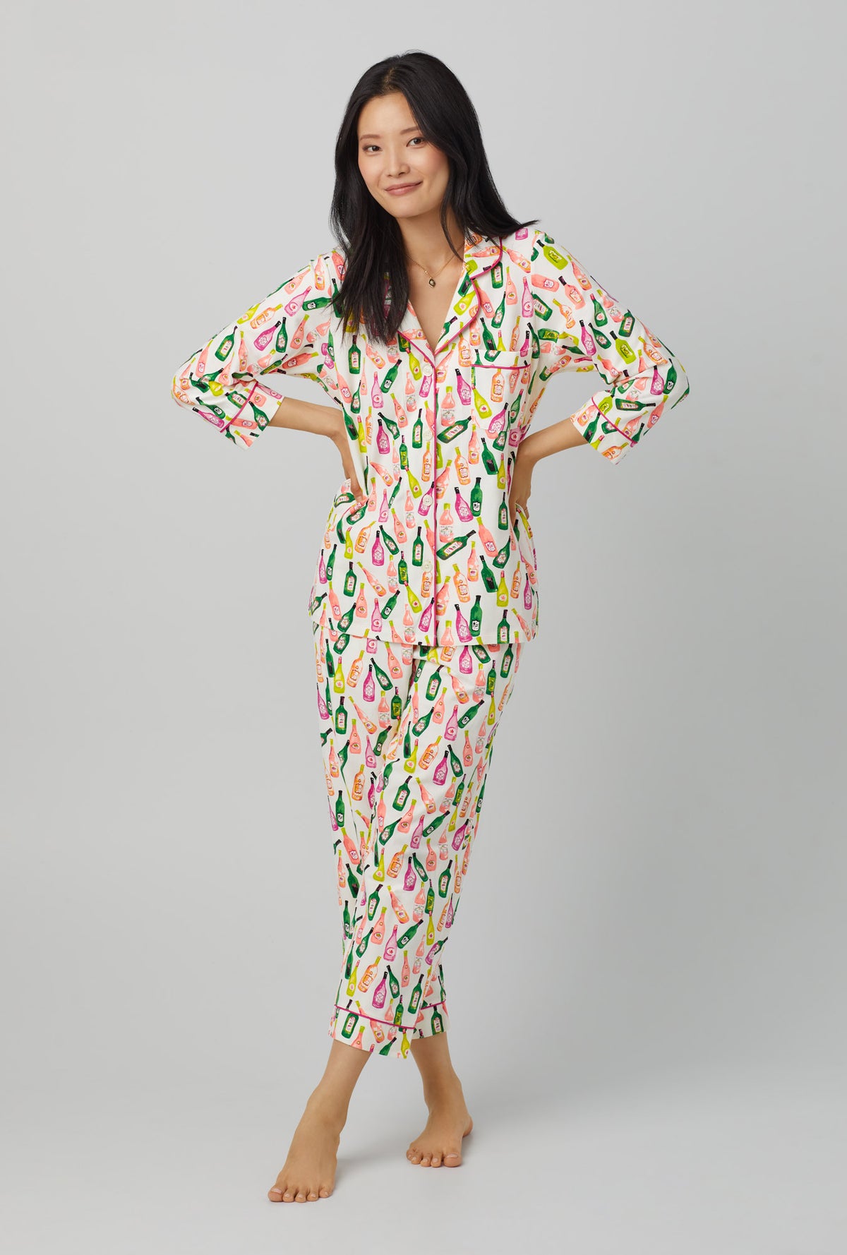 A lady wearing 3/4 Sleeve Classic Stretch Jersey Cropped PJ Set with Wine List print