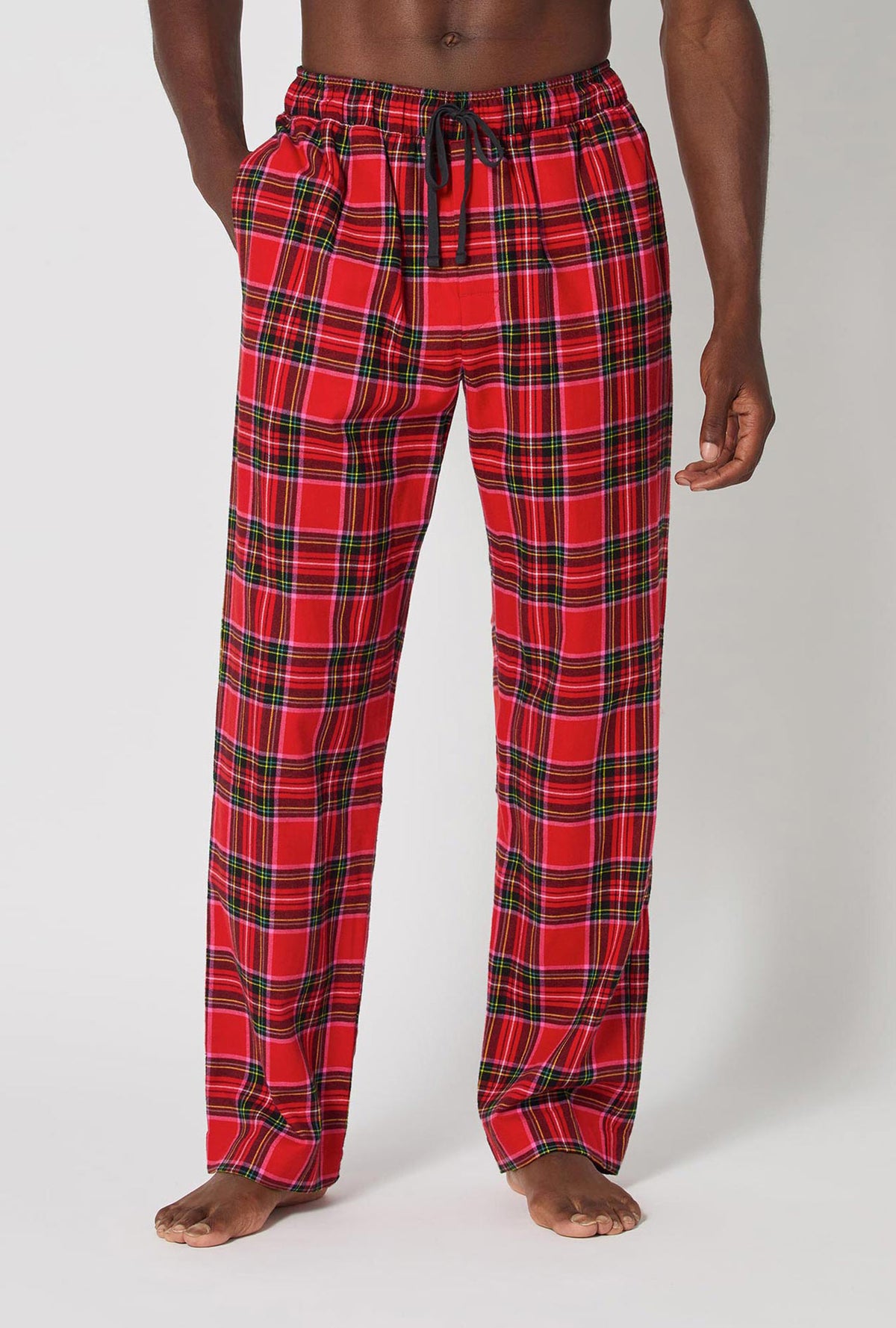 A man wearing BedHead X Mr. Turk Christmas Plaid Men&#39;s Woven Portuguese Flannel PJ Pant