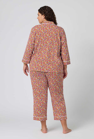 A lady wearing plus size Ditsy Harvest 3/4 Sleeve Classic Stretch Jersey Cropped Pj Set back view