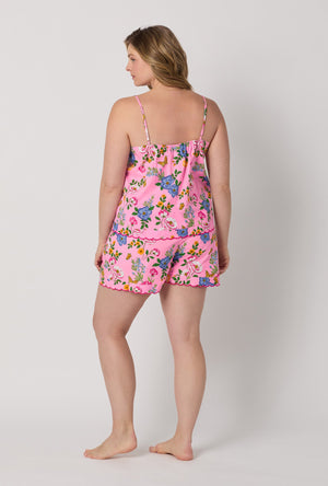 A lady wearing plus size Pink Cami Woven Cotton Poplin Shorty Pj Set back view
