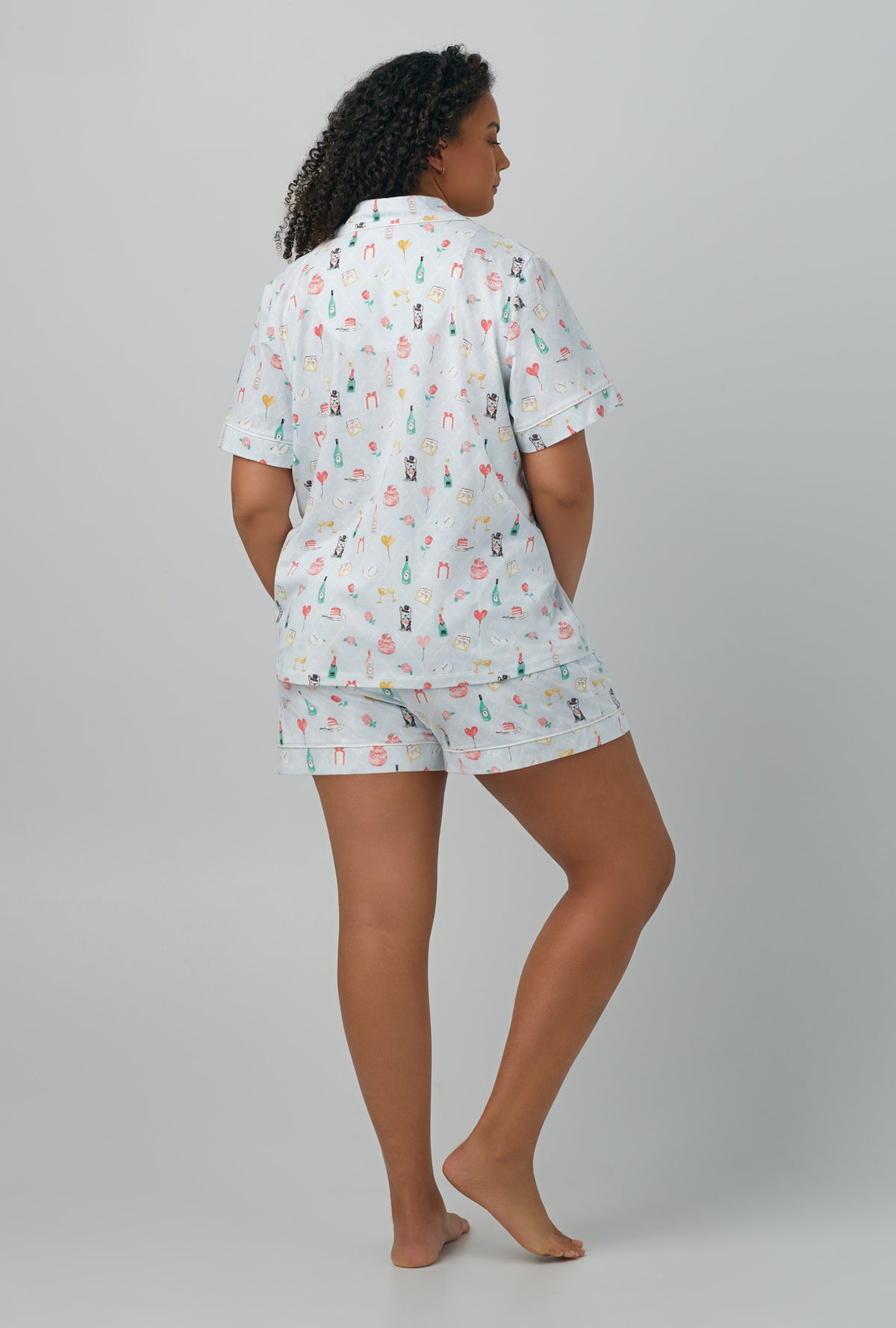 A lady wearing Short Sleeve Classic Shorty Stretch Jersey PJ Set with wedding party print