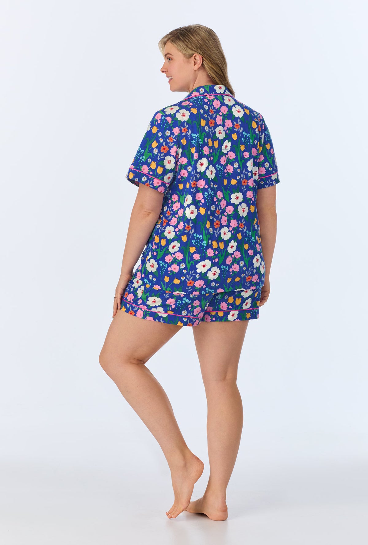 A lady wearing Flower Market Short Sleeve Classic Shorty Stretch Jersey PJ Set