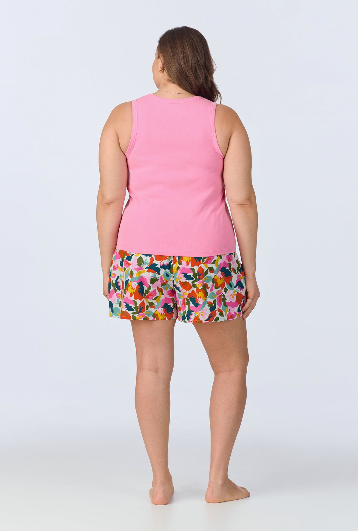 A lady wearing Lucia Knit Tank Woven Cotton Poplin Boxer PJ Set
