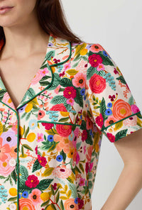 A lady wearing Rifle Paper Co. x BedHead PJs Garden Party Short Sleeve Classic Shorty Stretch Jersey Pj Set closer look