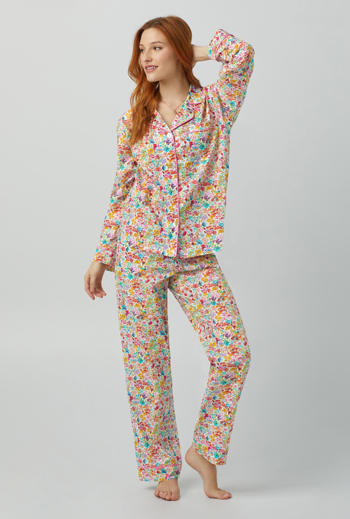 A lady wearing multi color Long Sleeve Classic Woven Cotton PJ Set with Classic Meadow print
