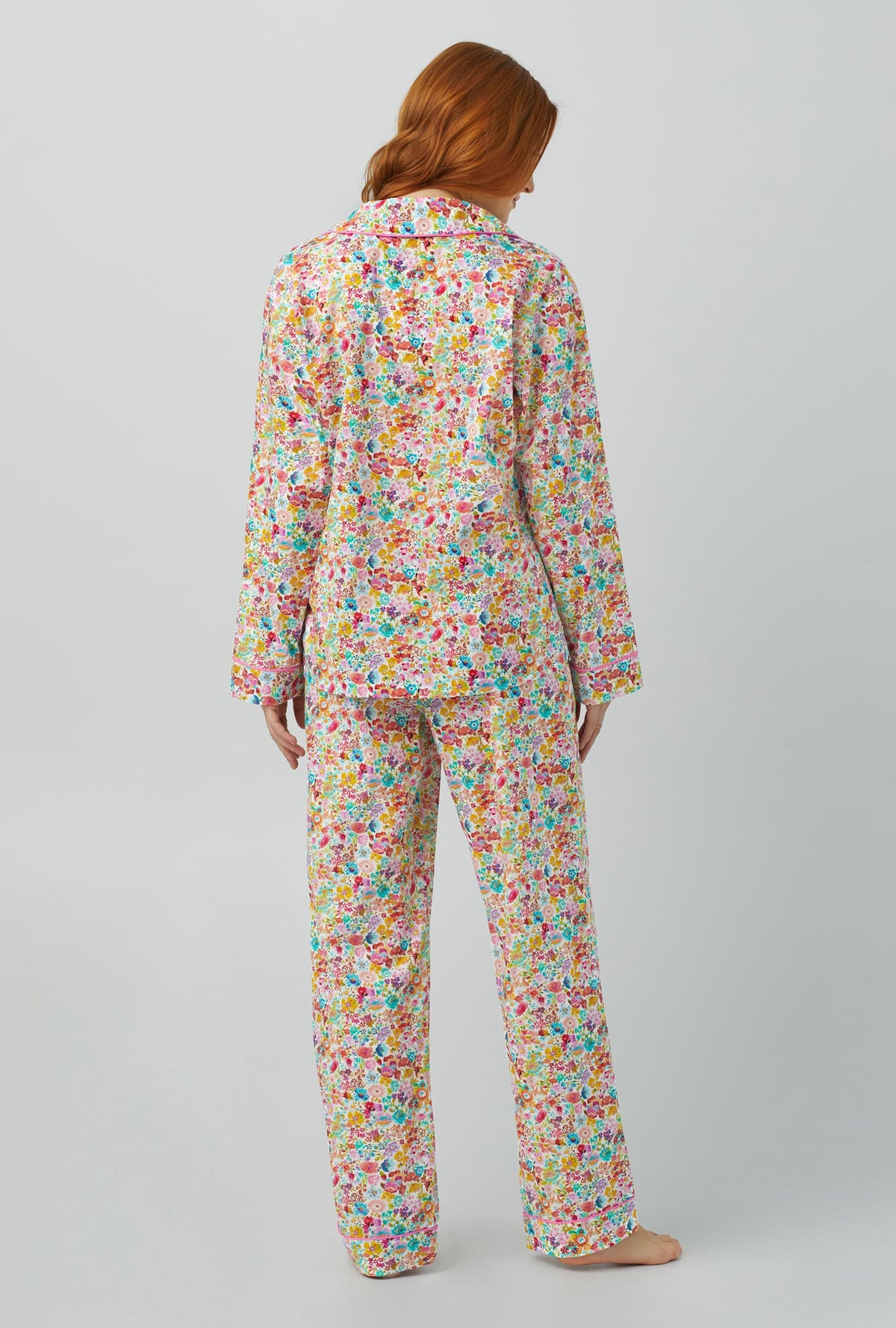 A lady wearing multi color Long Sleeve Classic Woven Cotton PJ Set with Classic Meadow print