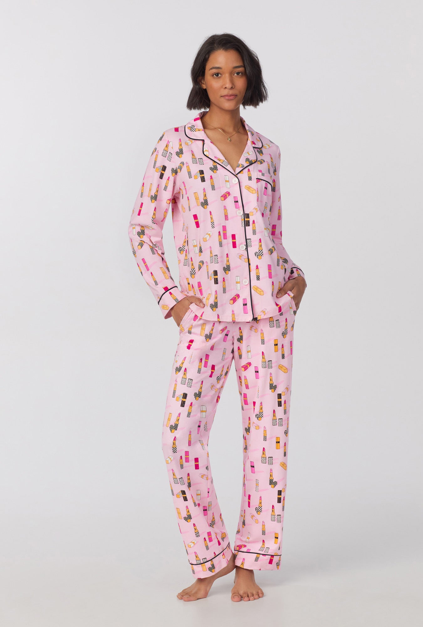 A lady wearing Long Sleeve Classic Stretch Jersey PJ Set with Pretty In Pink print