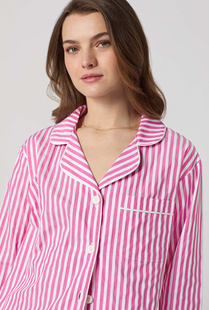A closeup of A lady wearing Pink Long Sleeve Classic Woven Cotton Sateen Pj Set