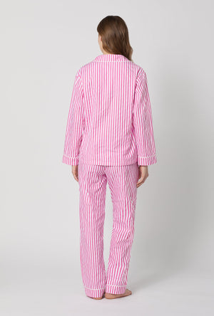 A lady wearing Pink Long Sleeve Classic Woven Cotton Sateen Pj Set back view