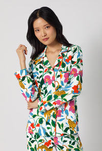 A Lady Wearing Jungle Serenade Long Sleeve Classic Stretch Jersey Pj Set facing front in a zoomed close up view pose