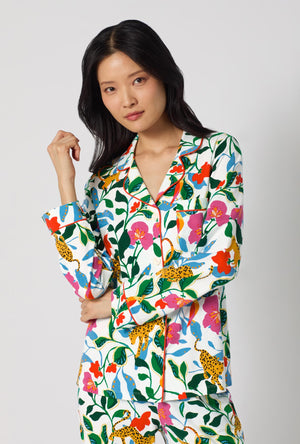 A Lady Wearing Jungle Serenade Long Sleeve Classic Stretch Jersey Pj Set facing front in a zoomed close up view pose
