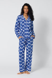 A lady wearing Owl Be Back Long Sleeve Classic Stretch Jersey Pj Set