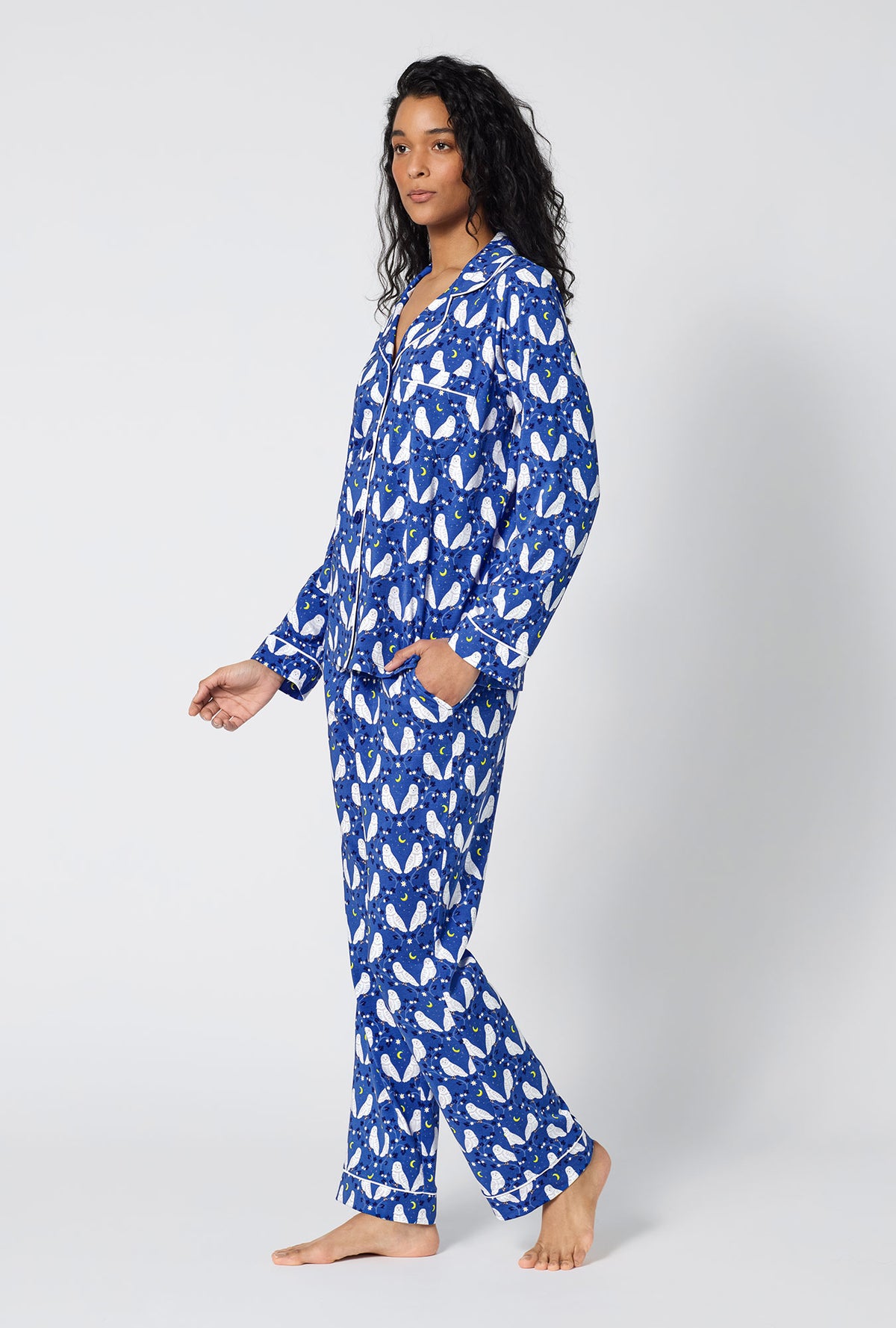 A lady wearing Owl Be Back Long Sleeve Classic Stretch Jersey Pj Set side view