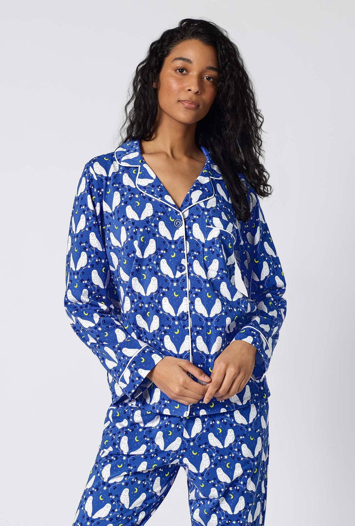 A lady wearing Owl Be Back Long Sleeve Classic Stretch Jersey Pj Set closer look
