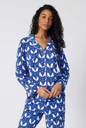 A lady wearing Owl Be Back Long Sleeve Classic Stretch Jersey Pj Set closer look