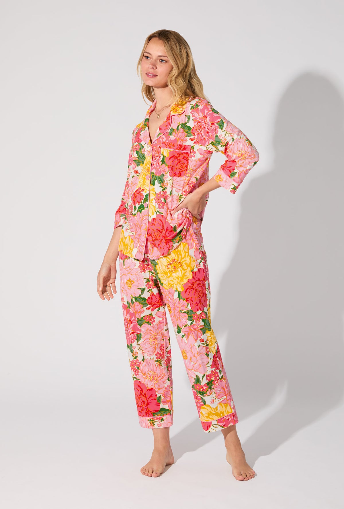 A lady wearing Garden Fresh 3/4 Sleeve Classic Stretch Jersey Cropped PJ Set