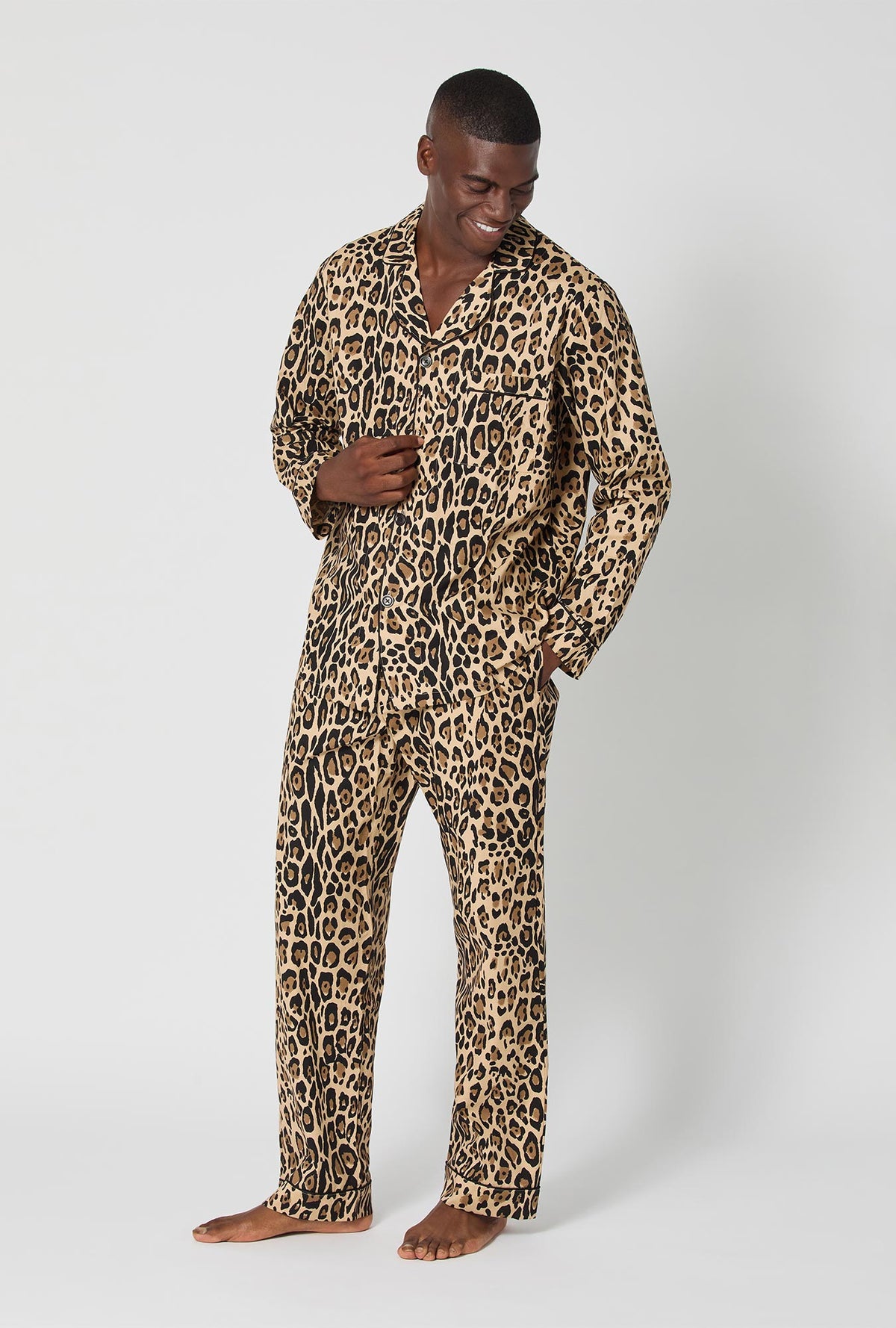 A man wearing BedHead X Mr. Turk Jaguar Stripe  Men&#39;s Short Sleeve Classic Woven Cotton Poplin Pj Set