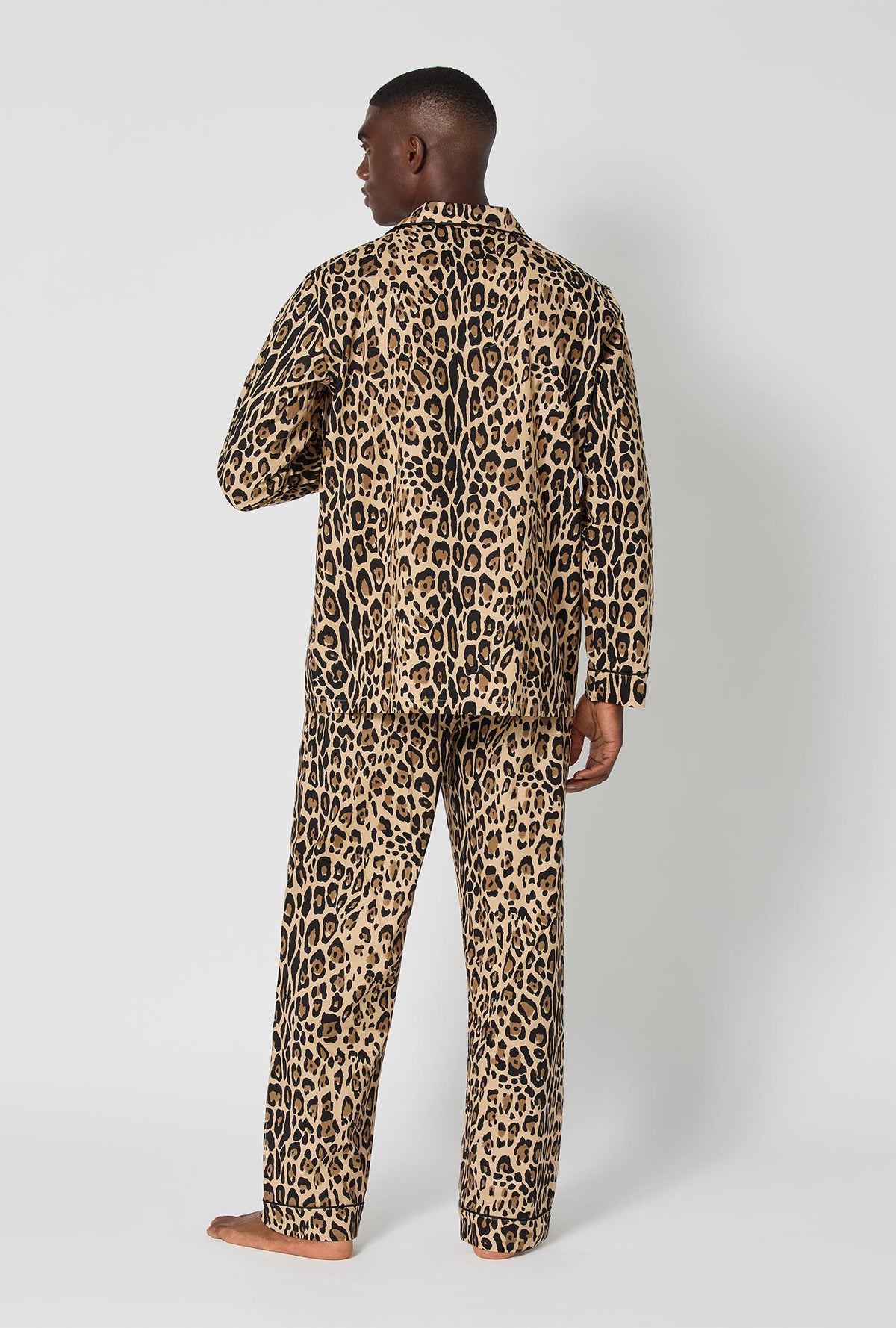 A man wearing BedHead X Mr. Turk Jaguar Stripe  Men&#39;s Short Sleeve Classic Woven Cotton Poplin Pj Set