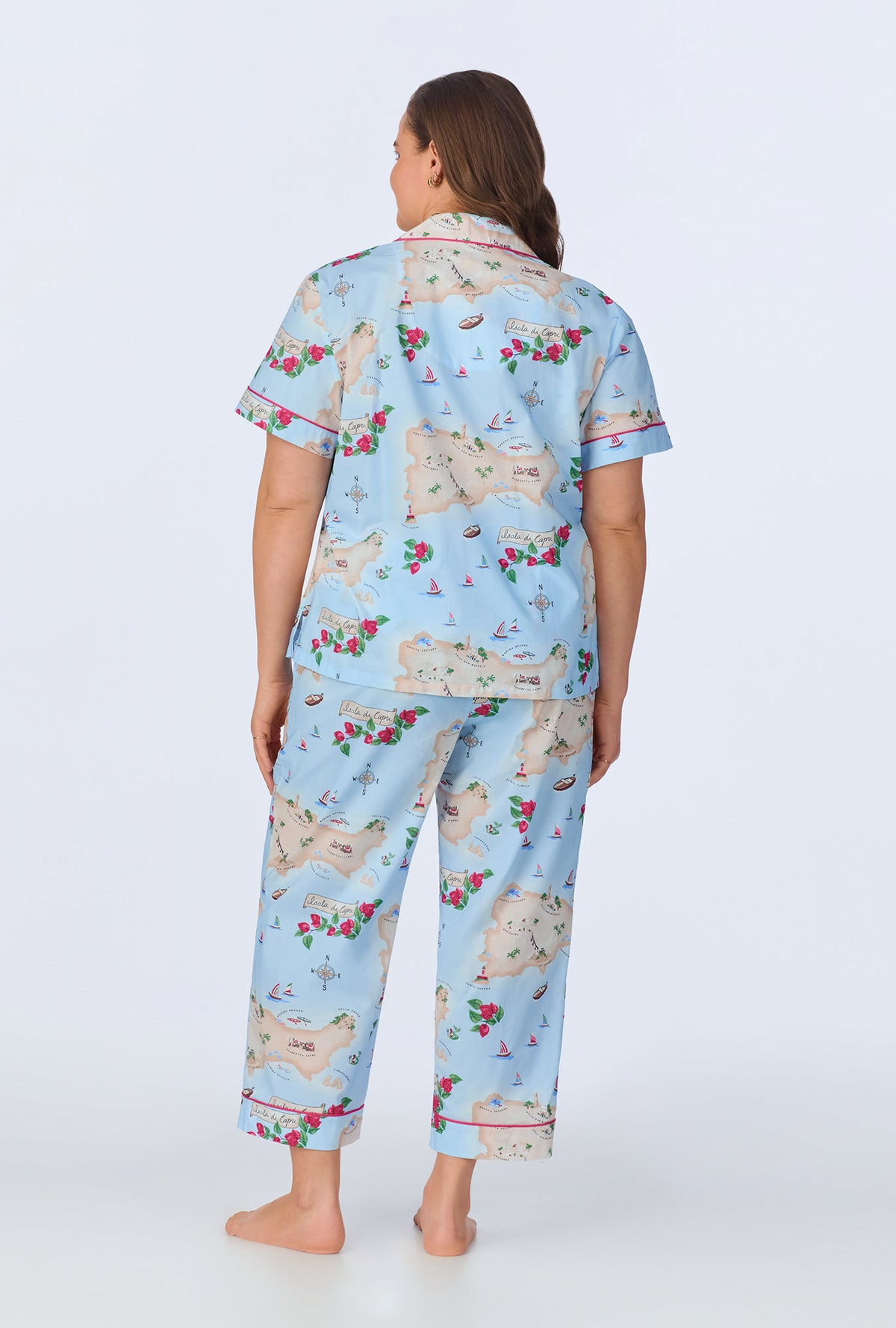 A lady wearing Ciao Capri Short Sleeve Classic Woven Cotton Poplin Cropped PJ Set