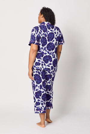 A lady wearing plus size Blue and  White Short Sleeve Classic Stretch Jersey Cropped Pj Set back view