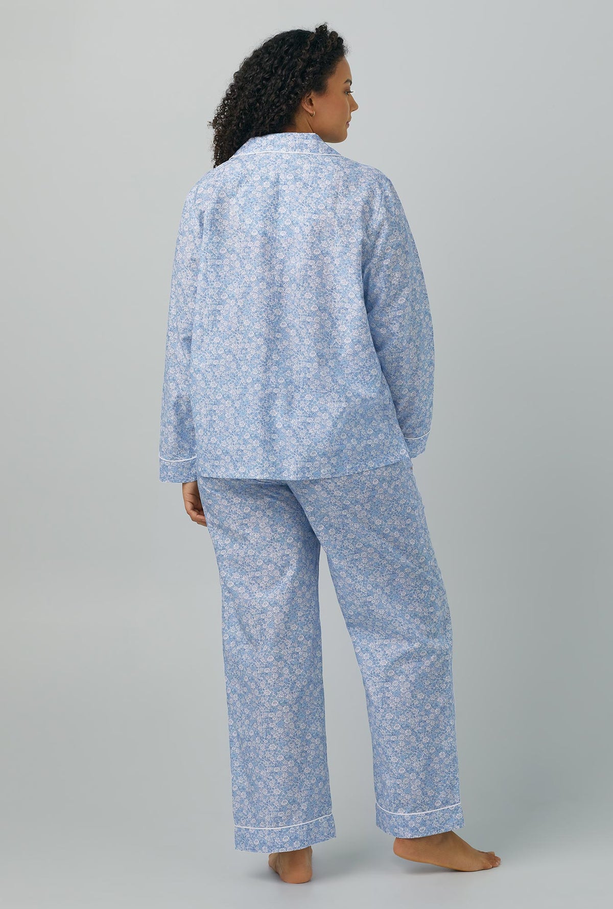 A lady wearing Long Sleeve Classic Woven Cotton Silk PJ Set with something blue print