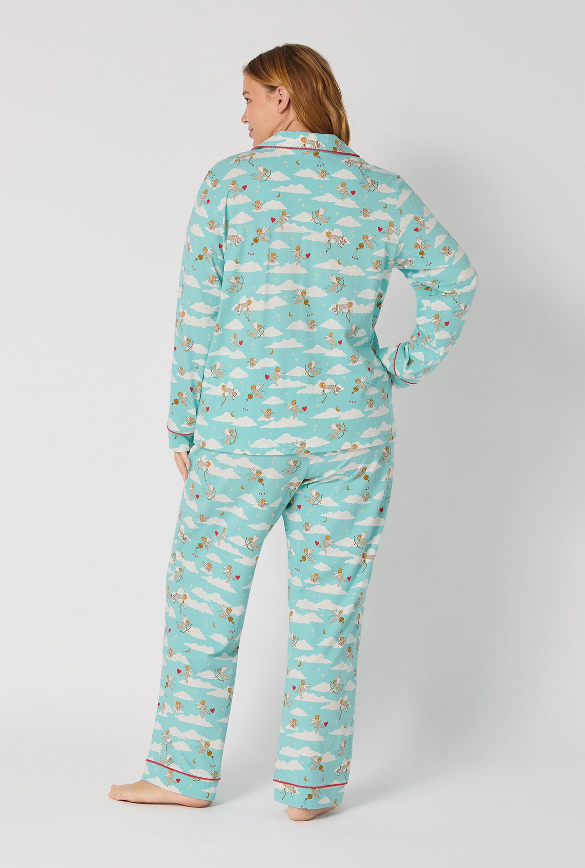 A lady wearing Cheeky Cupid Long Sleeve Classic Stretch Jersey Pj Set