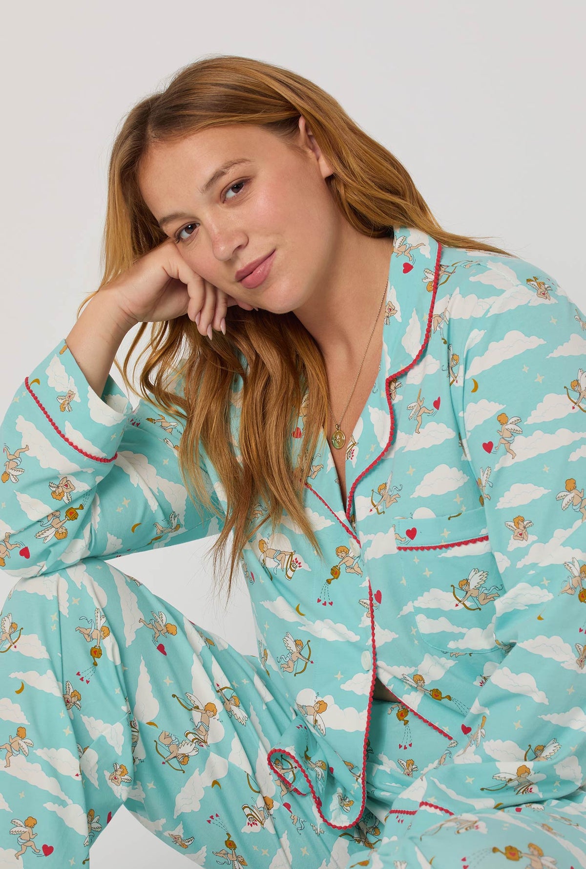 A lady wearing Cheeky Cupid Long Sleeve Classic Stretch Jersey Pj Set