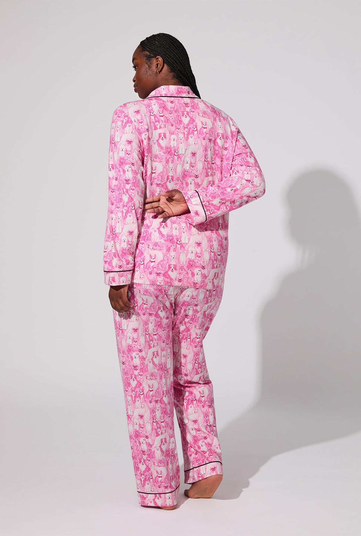 A lady wearing Paw-fectly Pink Long Sleeve Classic Stretch Jersey PJ Set