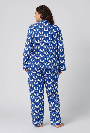 A lady wearing plus size Owl Be Back Long Sleeve Classic Stretch Jersey Pj Set back view