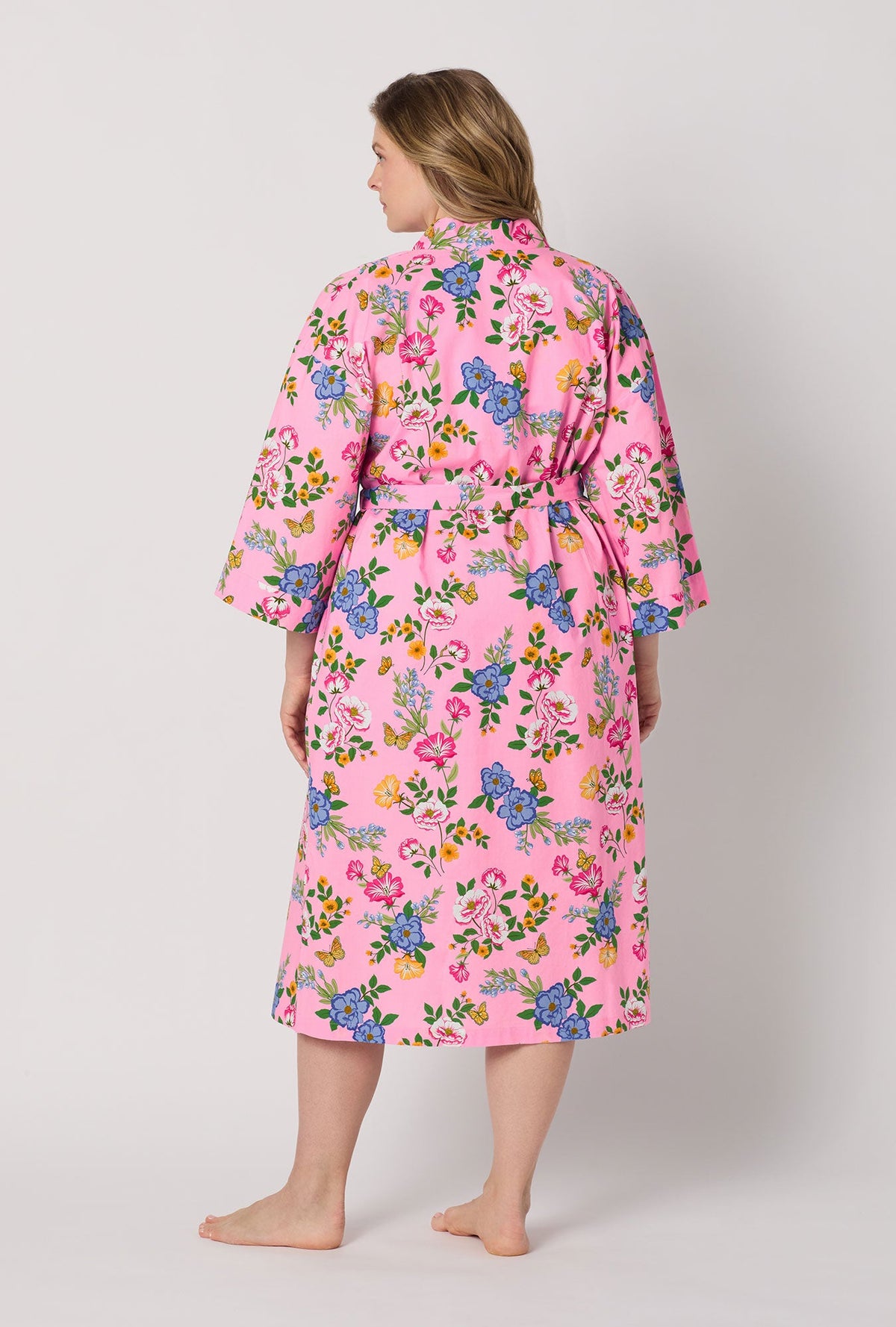 A lady wearing Pink Woven Cotton Poplin Kimono plus size Robe back view