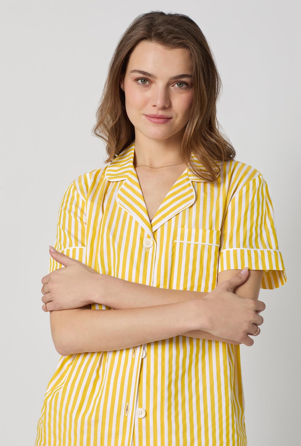 A closeup of A lady wearing Yellow Short Sleeve Classic Shorty Woven Cotton Sateen Pj Set