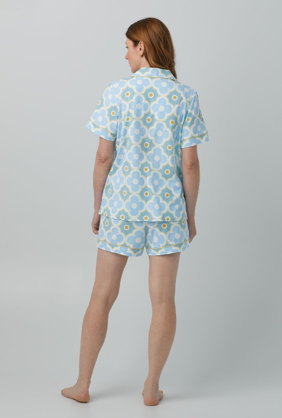 A lady wearing Garden House Tile Short Sleeve Classic Shorty Stretch Jersey PJ Set