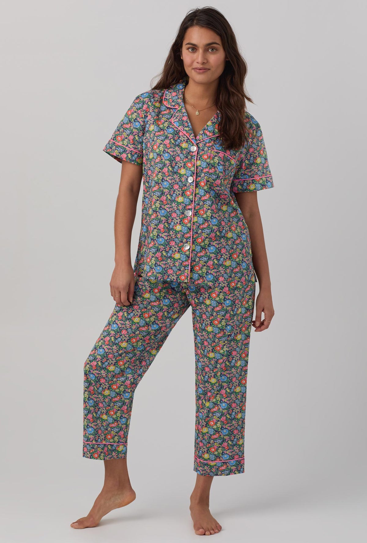 A lady wearing Short Sleeve Classic Woven Tana Lawn® Cropped PJ Set with clare rich print