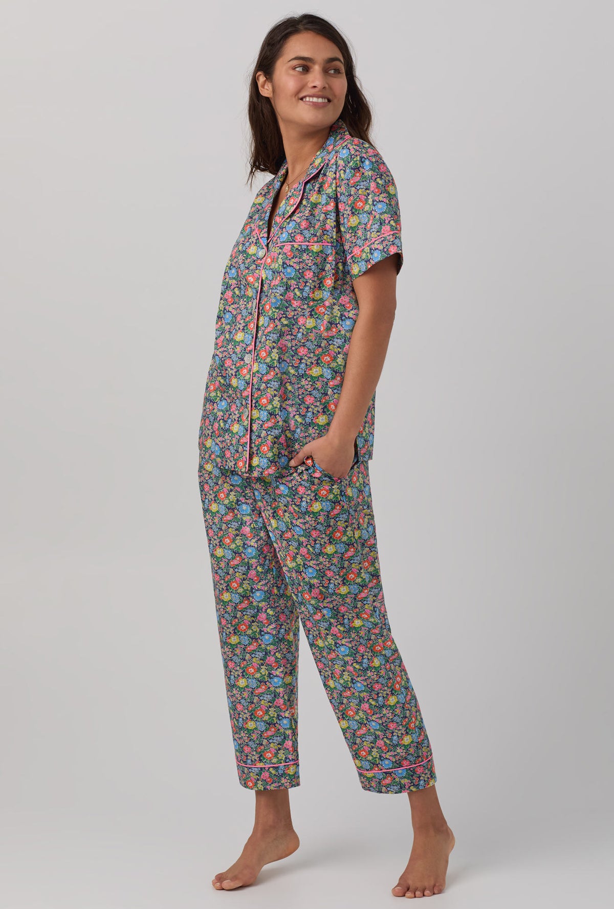 A lady wearing Short Sleeve Classic Woven Tana Lawn® Cropped PJ Set with clare rich print