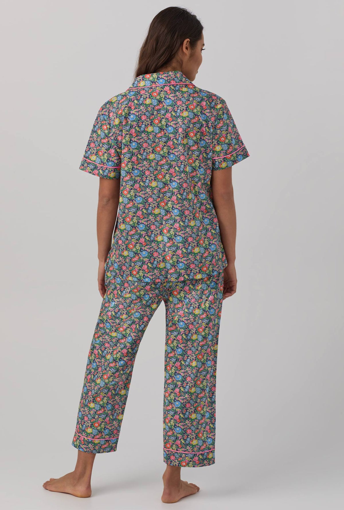 A lady wearing Short Sleeve Classic Woven Tana Lawn® Cropped PJ Set with clare rich print