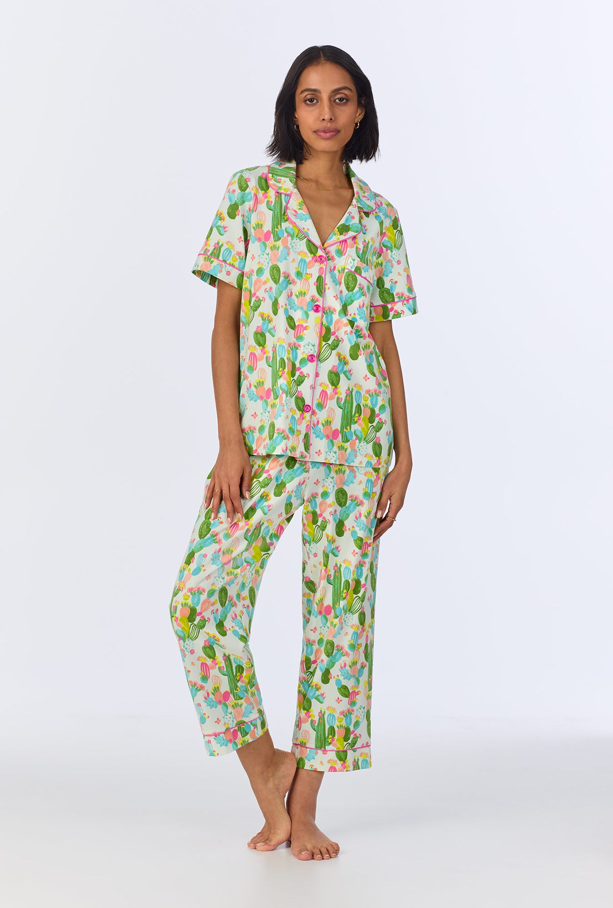 A lady wearing Cactus Garden Short Sleeve Classic Stretch Jersey Cropped PJ Set