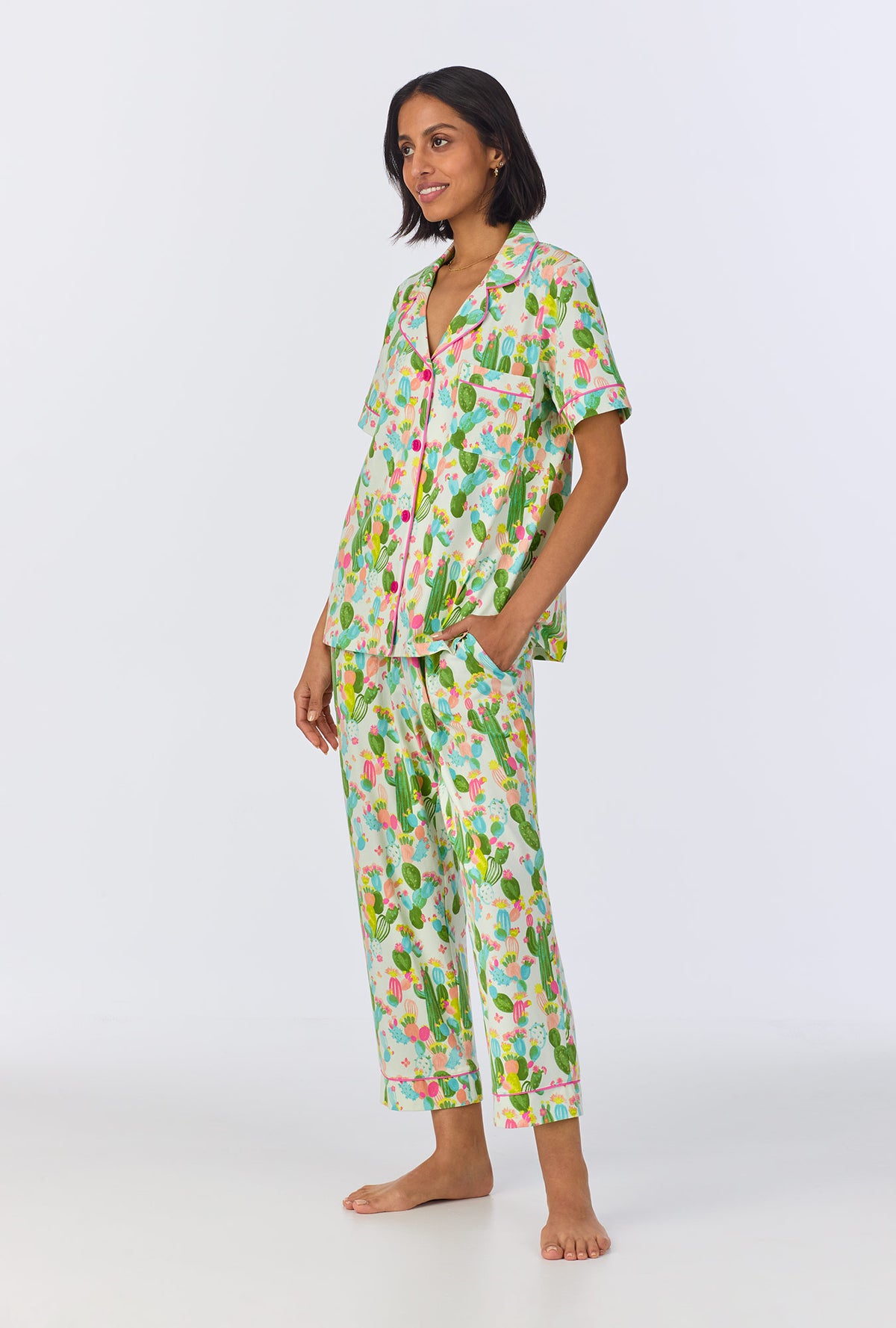 A lady wearing Cactus Garden Short Sleeve Classic Stretch Jersey Cropped PJ Set