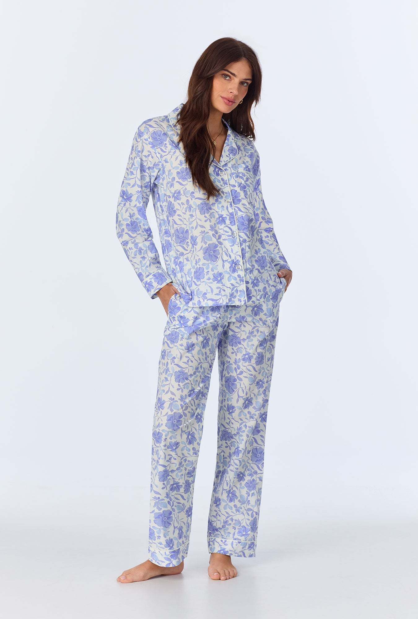 A lady wearing Belle Fleur Long Sleeve Classic Woven Cotton Poplin PJ Set