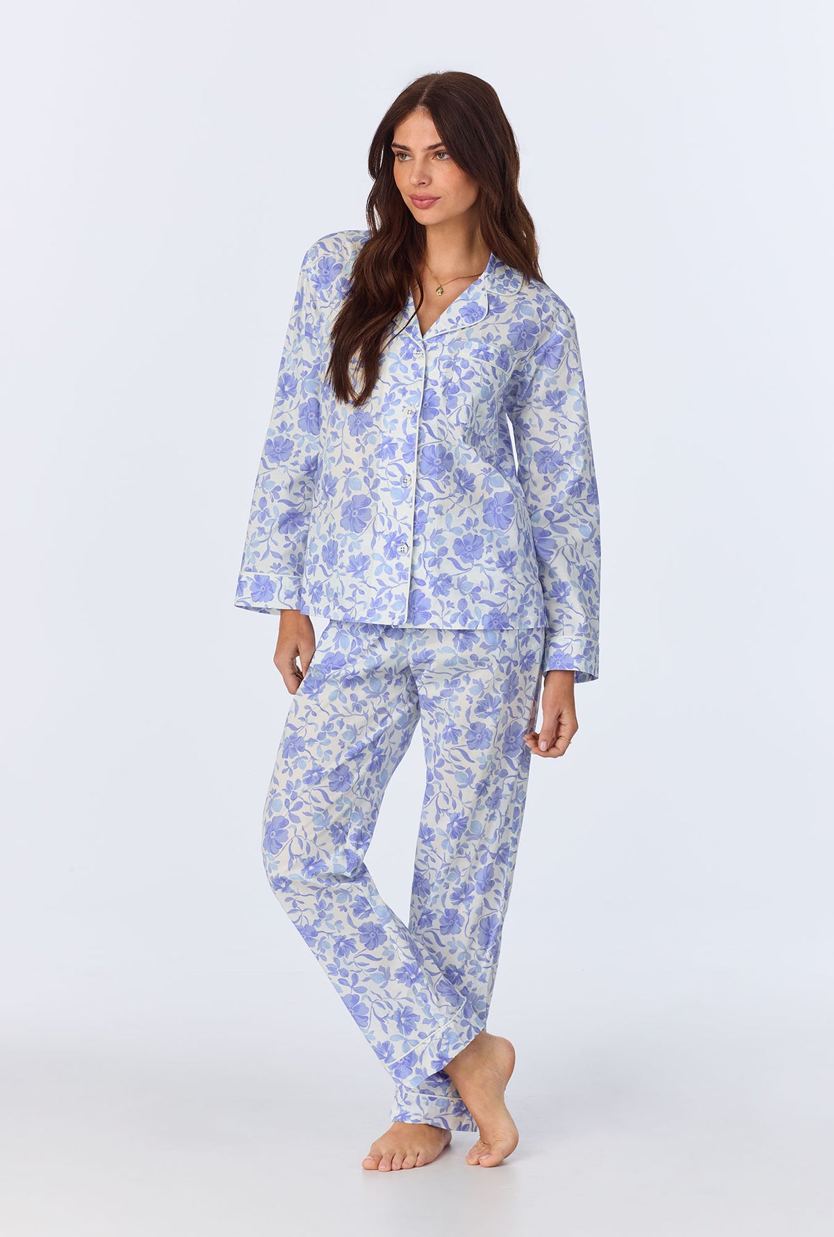 A lady wearing Belle Fleur Long Sleeve Classic Woven Cotton Poplin PJ Set