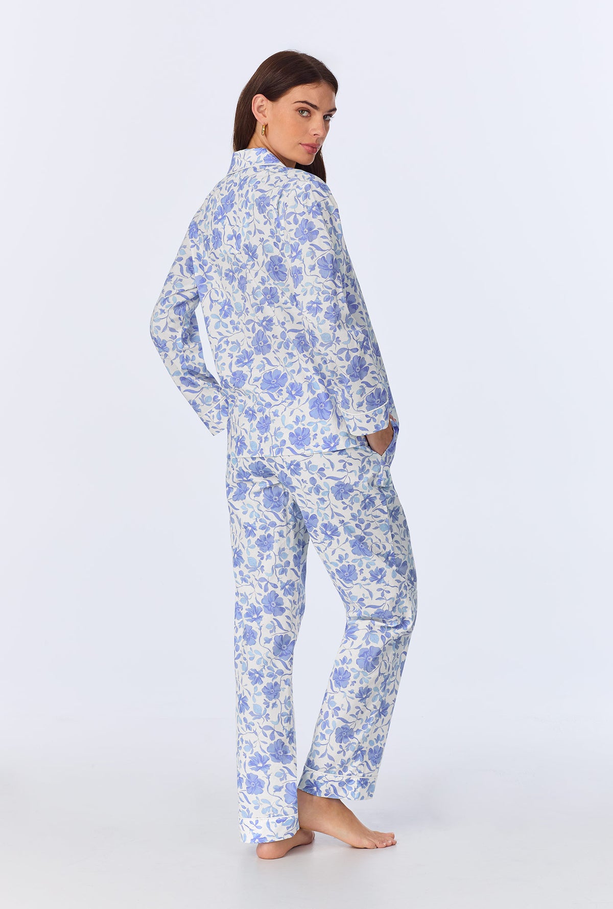 A lady wearing Belle Fleur Long Sleeve Classic Woven Cotton Poplin PJ Set