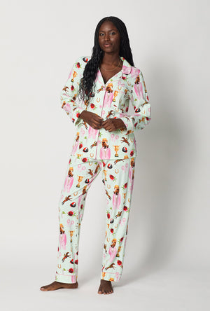 A lady wearing Green Long Sleeve Classic Stretch Jersey Pj Set front view