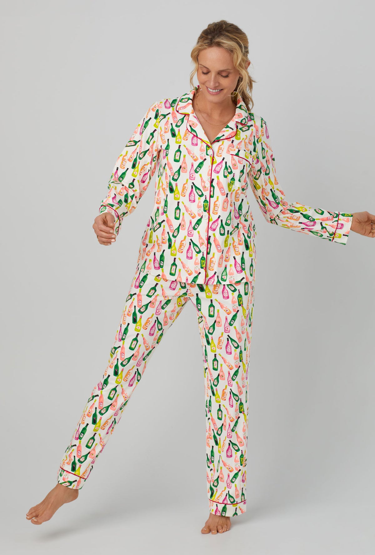 A lady wearing Long Sleeve Classic Stretch Jersey PJ Set with Wine List print