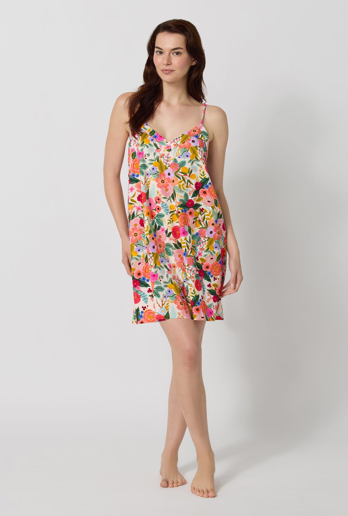 A lady wearing Rifle Paper Co. x BedHead PJs Garden Party Stretch Jersey Chemise looking front