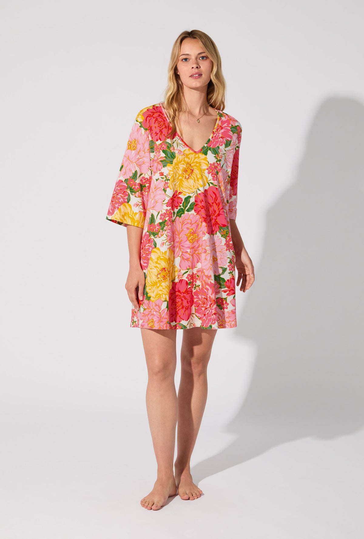 A lady wearing Garden Fresh V-neck Stretch Jersey Sleep Dress