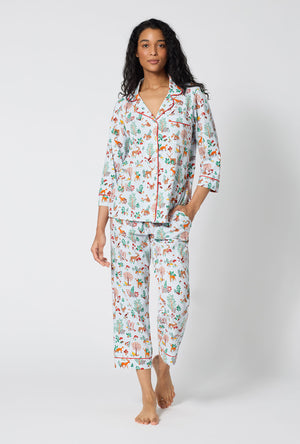A lady wearing Woodland Wonder 3/4 Sleeve Classic Stretch Jersey Cropped Pj Set