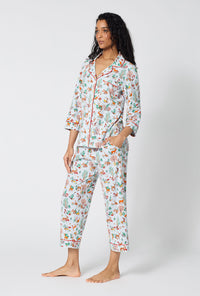 A lady wearing Woodland Wonder 3/4 Sleeve Classic Stretch Jersey Cropped Pj Set looking side